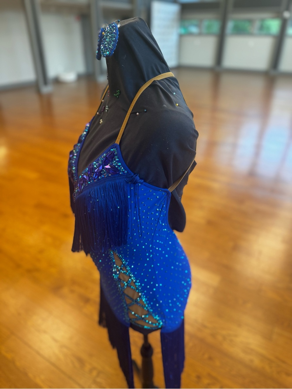 Blue Fringe Latin Dance Dress with Rhinestone Accents - Picture 7 of 7